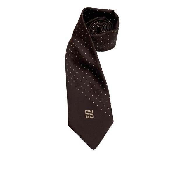 Vintage Givenchy Dark Brown & Tan Dots Large Logo Thick 100% Polyester Neck Tie - Picture 1 of 5